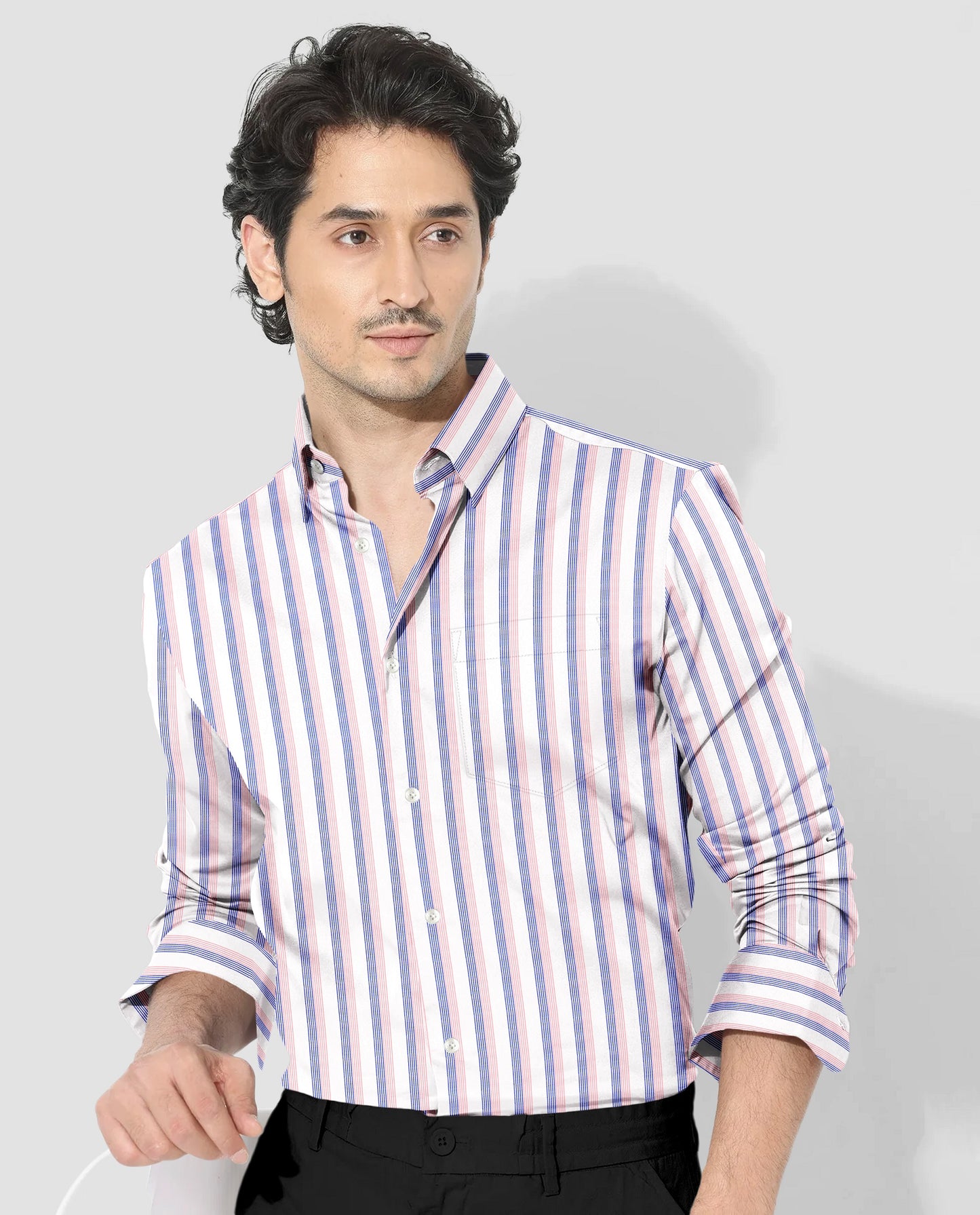 White with Coral Pink and Limoges Blue Pinstripes Cotton Shirt