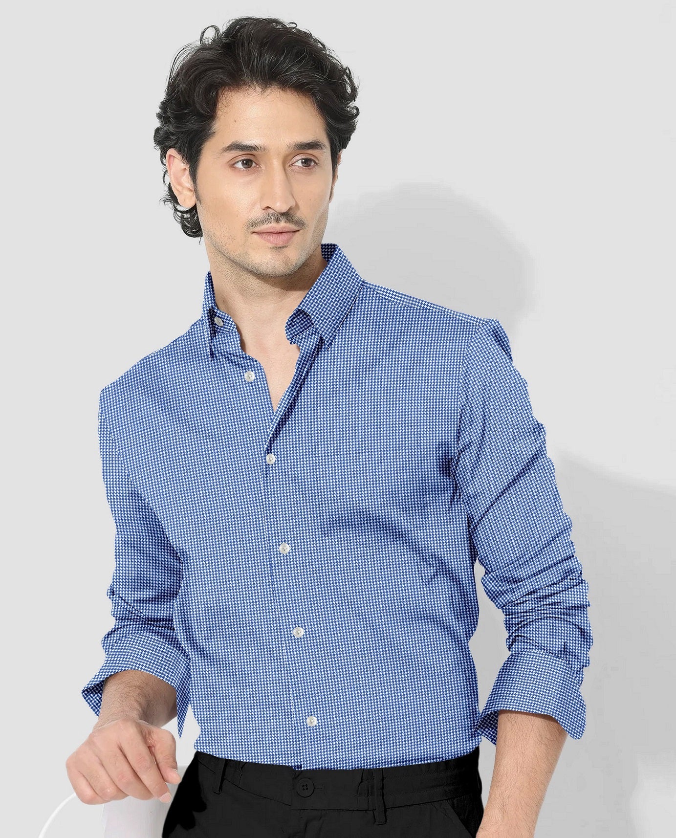 Baleine Blue and White Ninja Shuriken Printed Cotton Shirt
