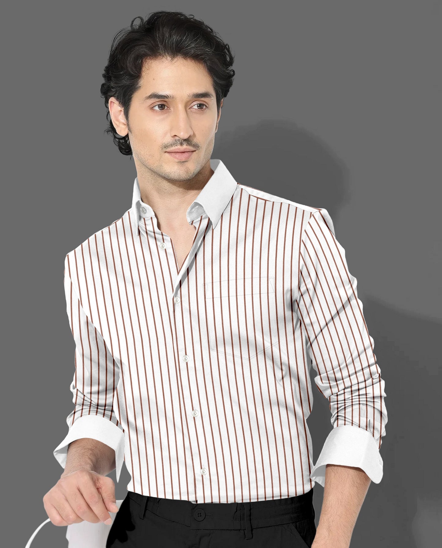 White and Copper Brown Stripes Designer Cotton Shirt