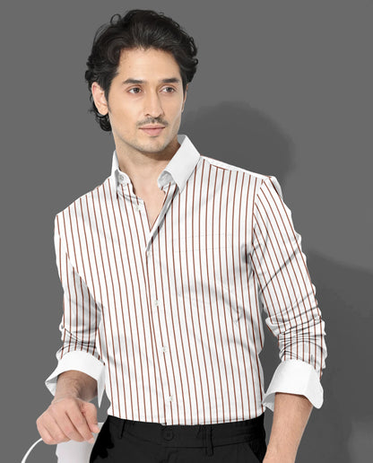 White and Copper Brown Stripes Designer Cotton Shirt