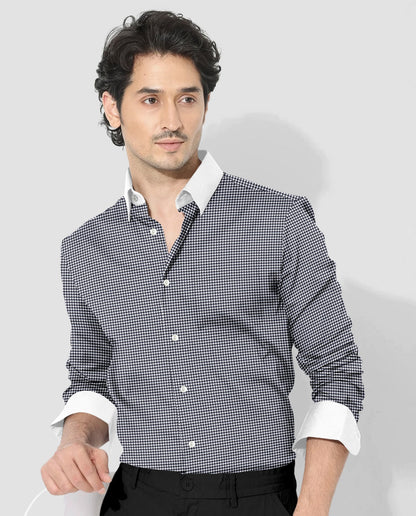 Jet Black and White Hounds Tooth Checks Designer Cotton Shirt