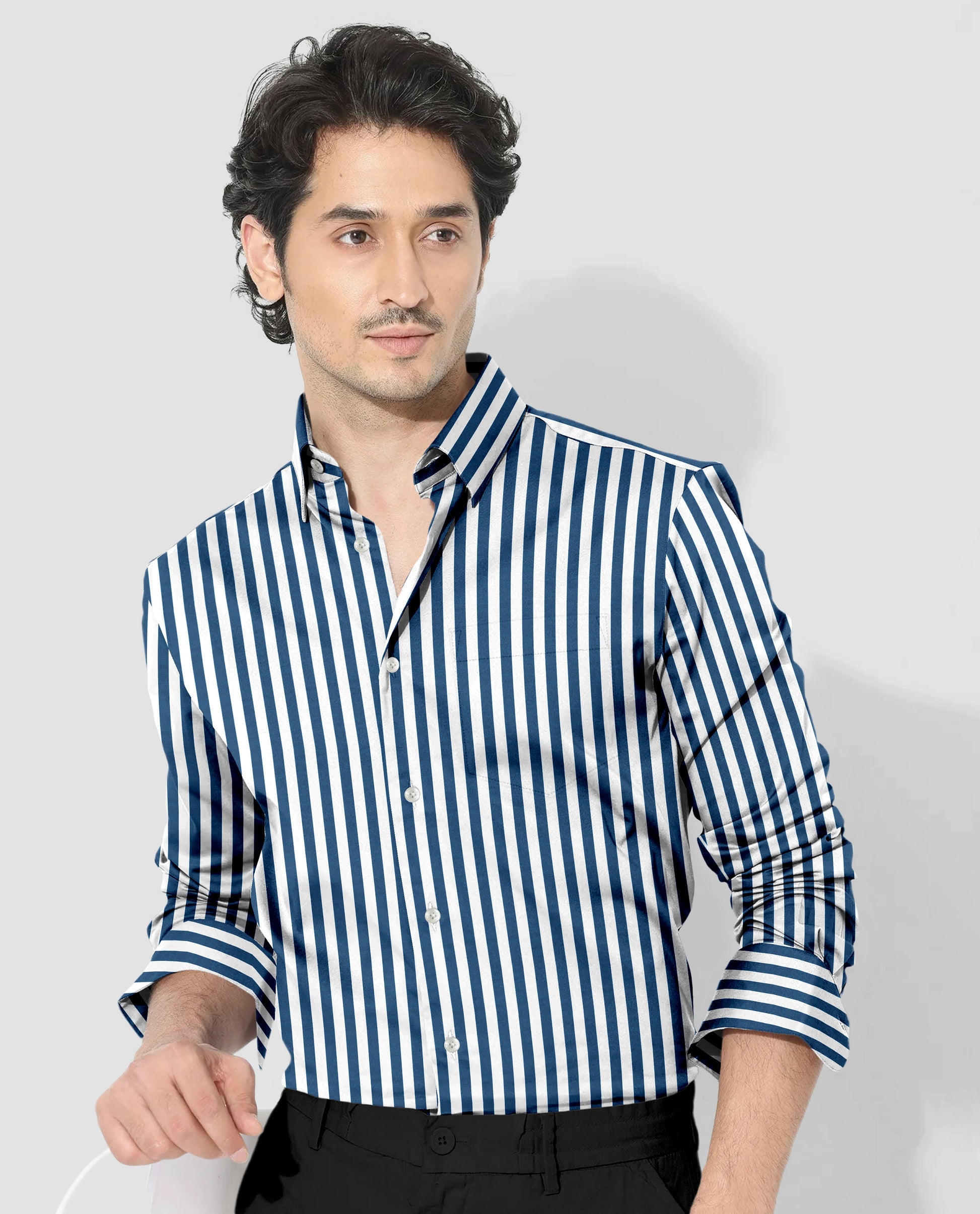 White and Victoria Blue Chalk Stripes Cotton Shirt