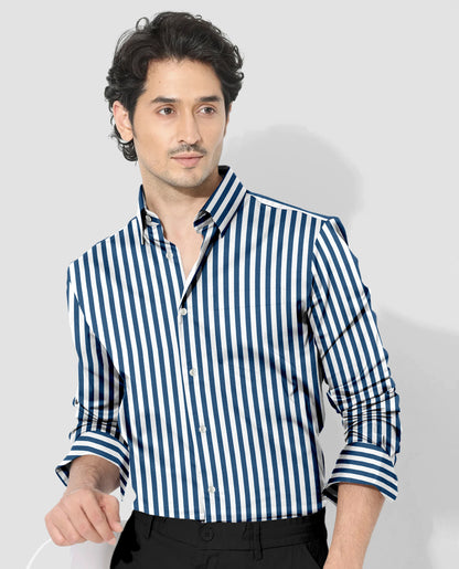 White and Victoria Blue Chalk Stripes Cotton Shirt