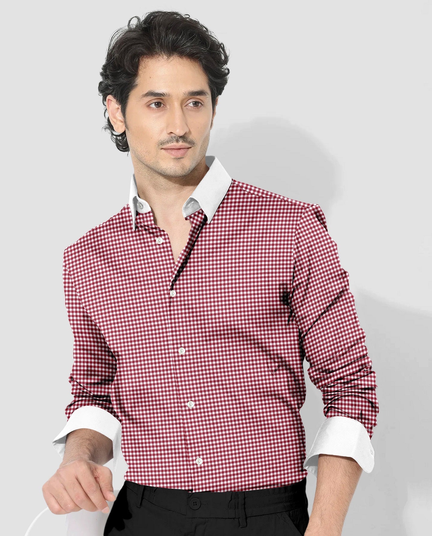 White and Maroon Gingham Checks Designer Cotton Shirt