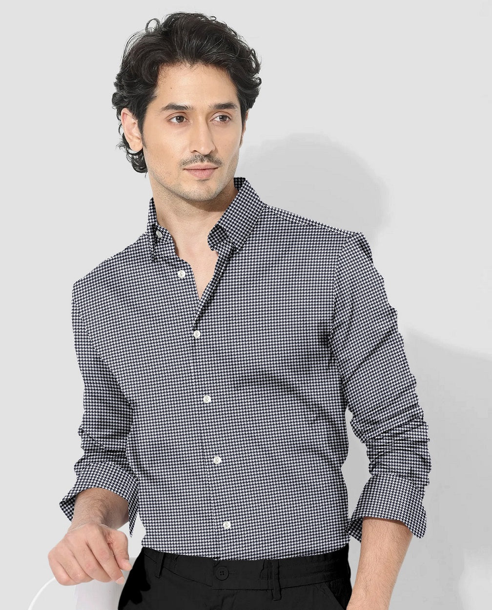 Jet Black and White Hounds Tooth Checks Cotton Shirt