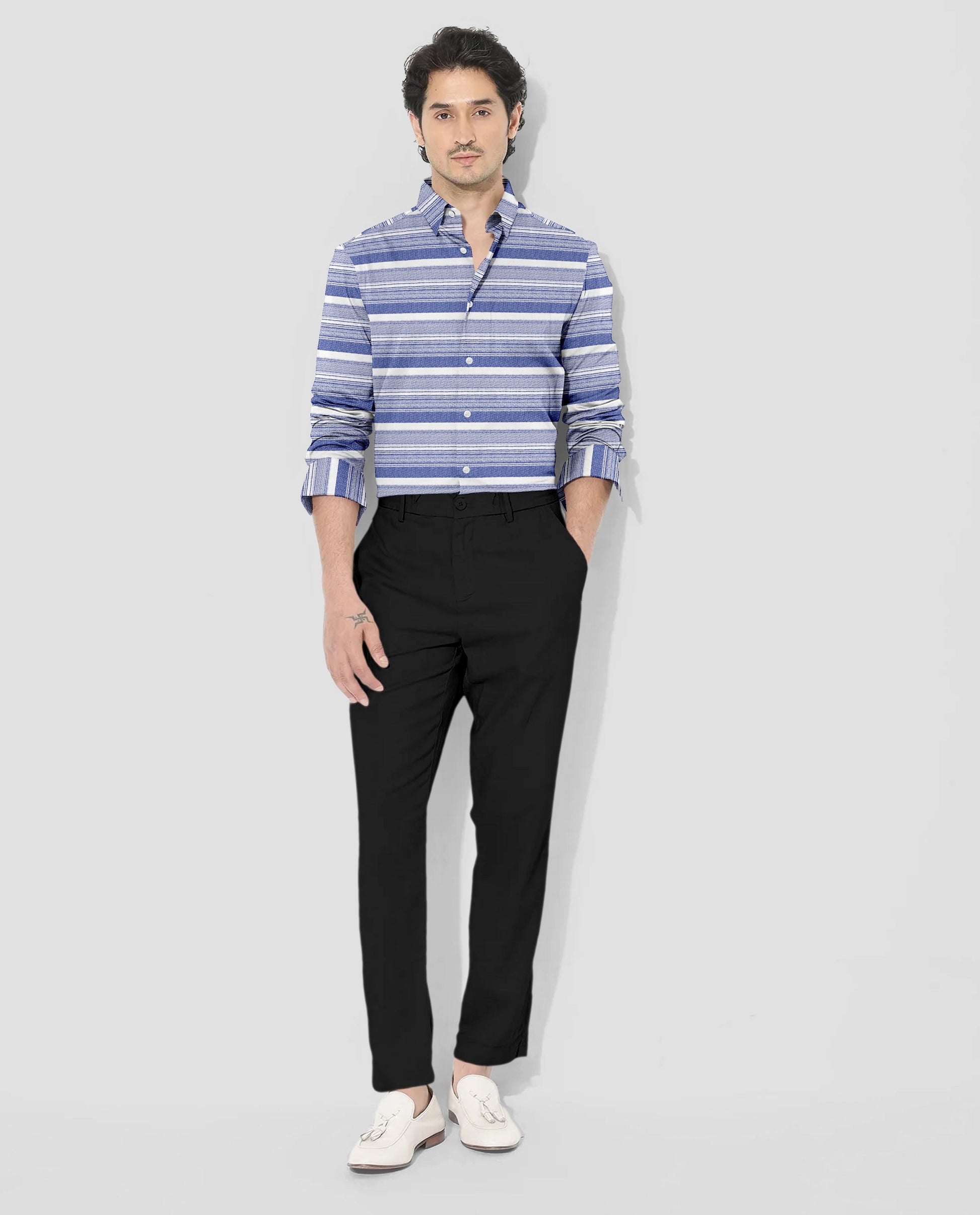 White and Clematis Blue Stripes Cotton Shirt