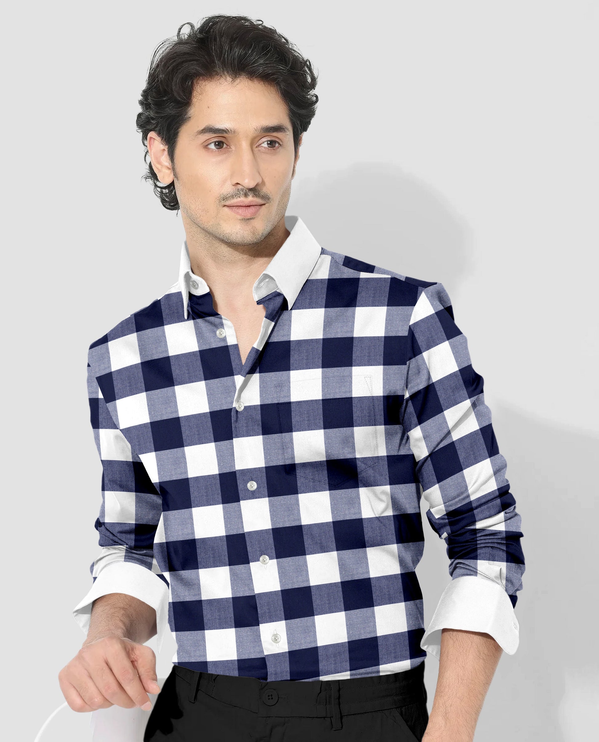 White and Ink Blue Buffalo Checks Designer Cotton Shirt