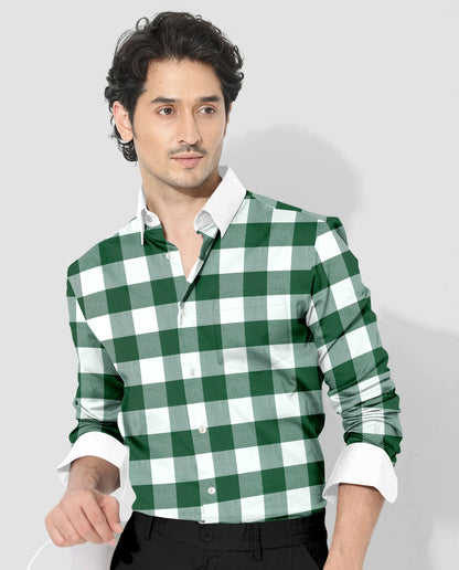 White and Emerald Green Buffalo Chekcs Oxford Designer Cotton Shirt