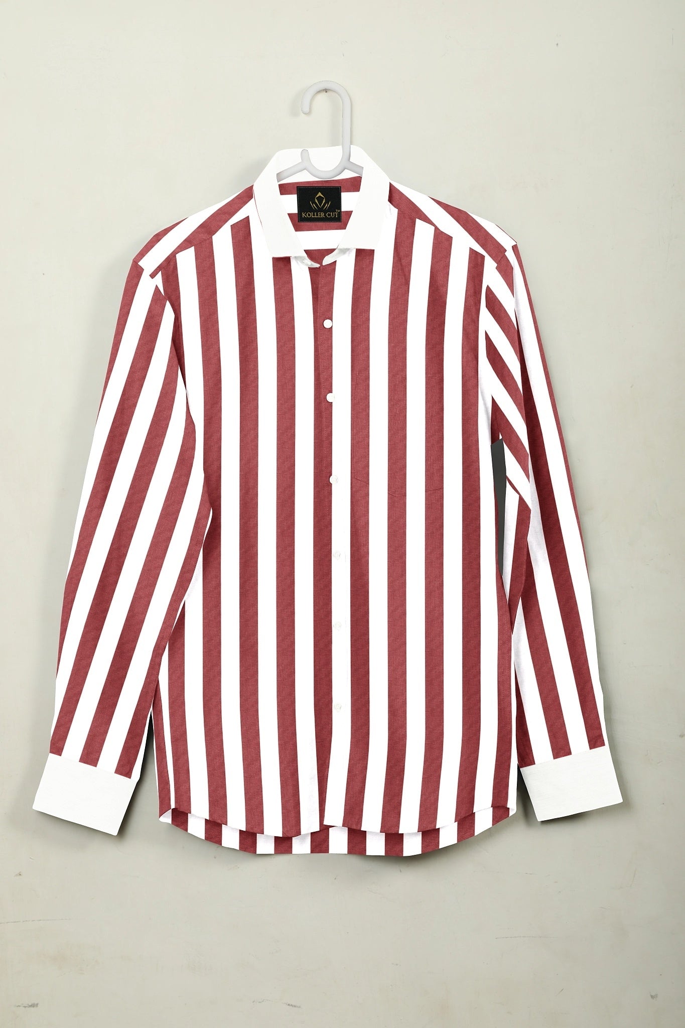 White and Brick Red Awning Stripes Designer Cotton Shirt