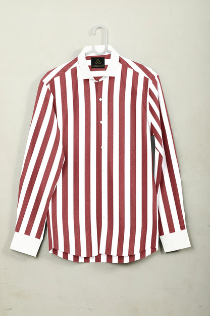 White and Brick Red Awning Stripes Designer Cotton Shirt
