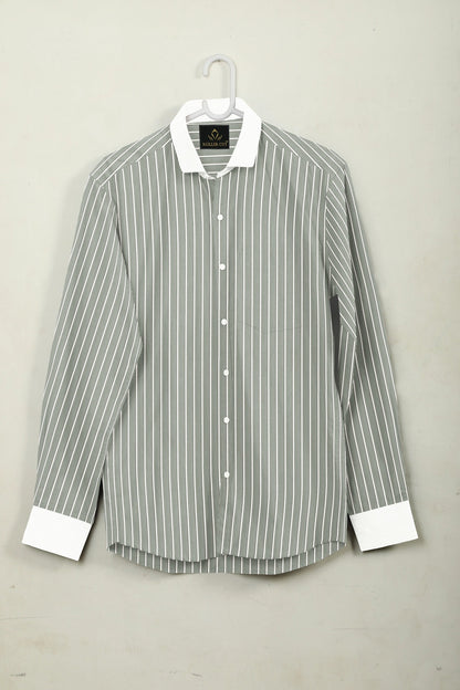 Chive Green and White Stripes Designer Cotton Shirt