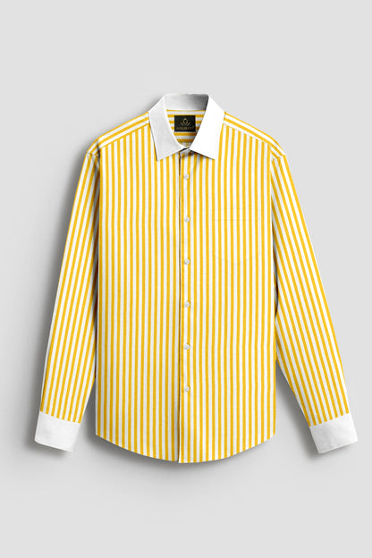 Lemon Yellow and White Candy Stripes Designer Cotton Shirt