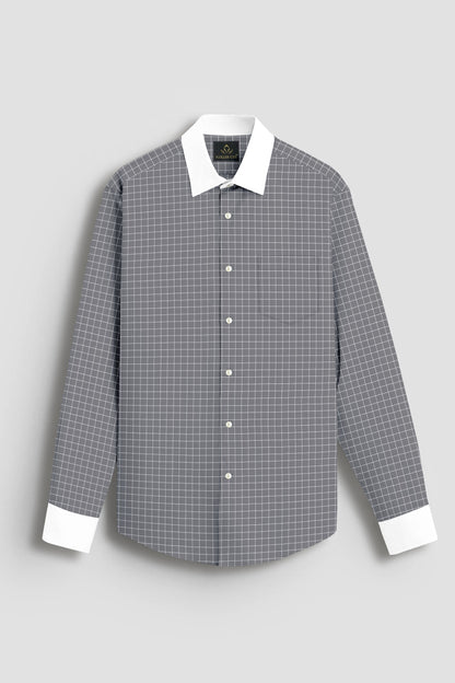 Graphite Gray and Snow White Checks Designer Cotton Shirt