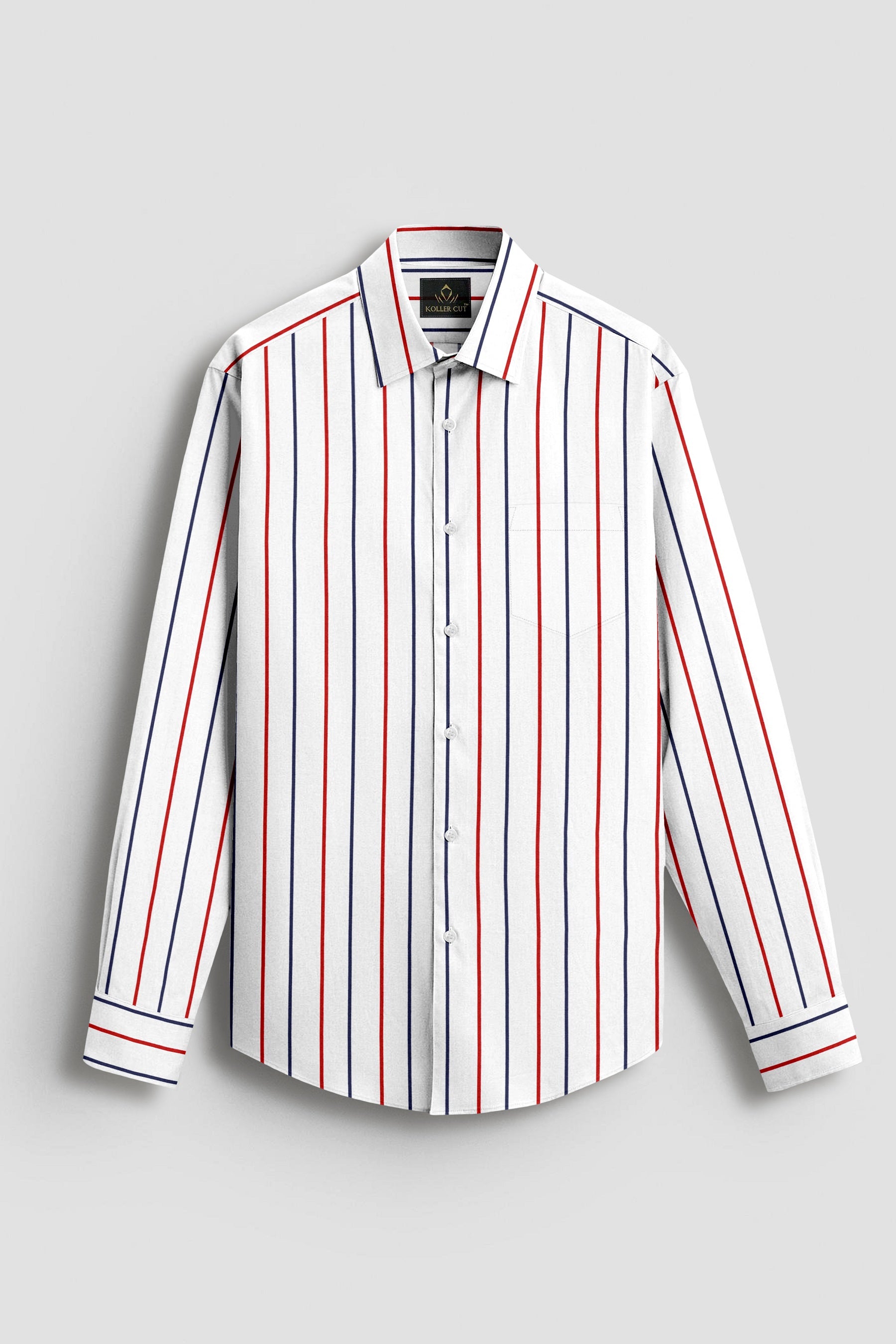 White with Scarlet Red and Navy Stripes Cotton Shirt