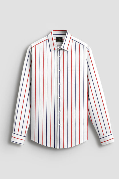 White with Scarlet Red and Navy Stripes Cotton Shirt