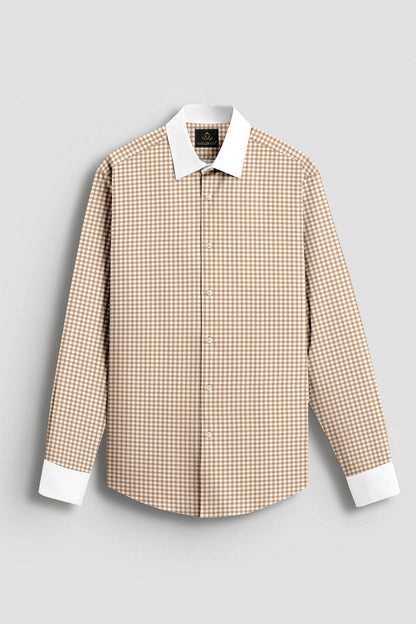 White and Frappe Brown Gingham Checks Designer Cotton Shirt