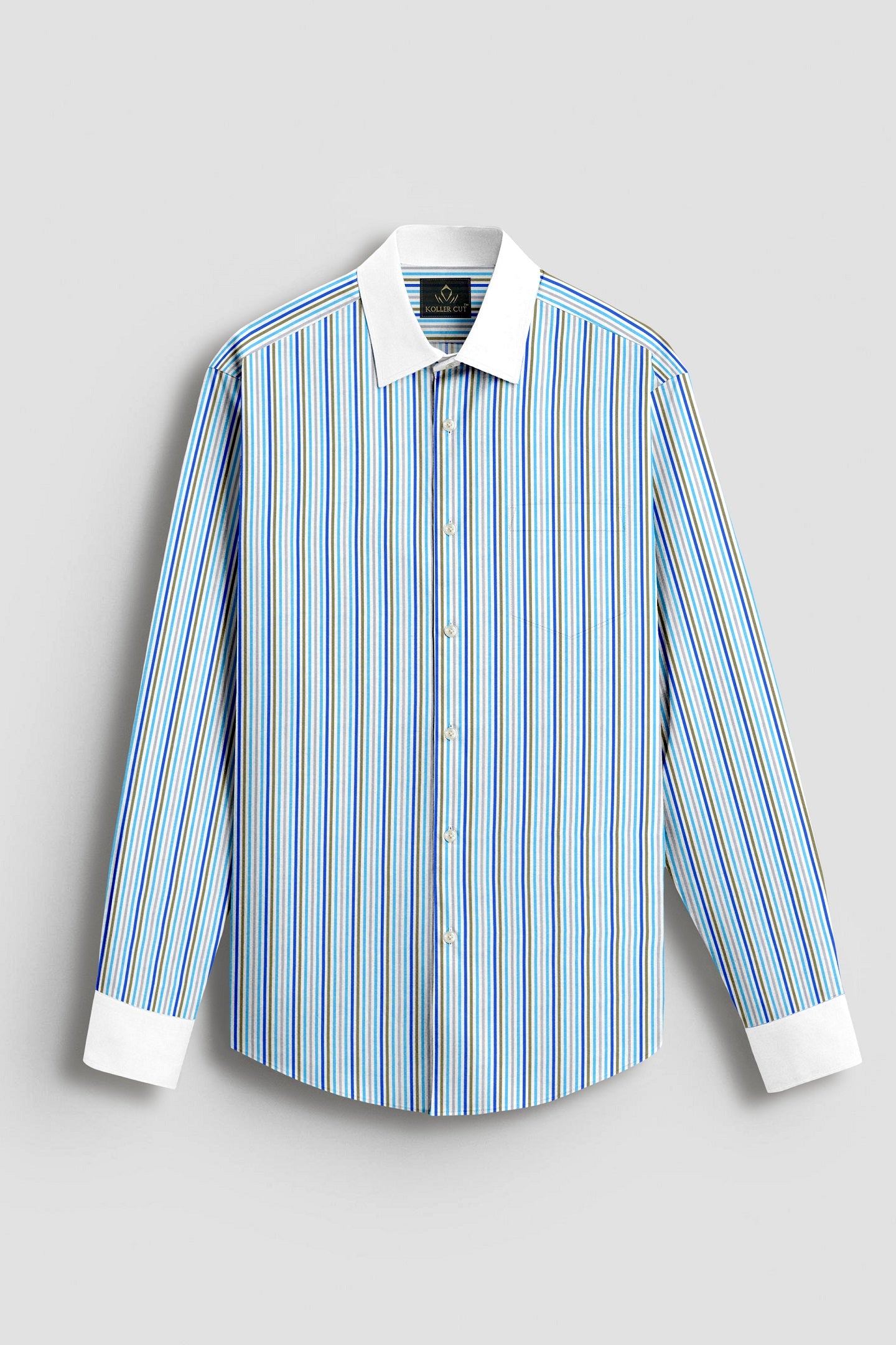 White with Cloisonne Blue and Basil Green Multicolored Multitrack Stripes Designer Cotton Shirt (Copy)