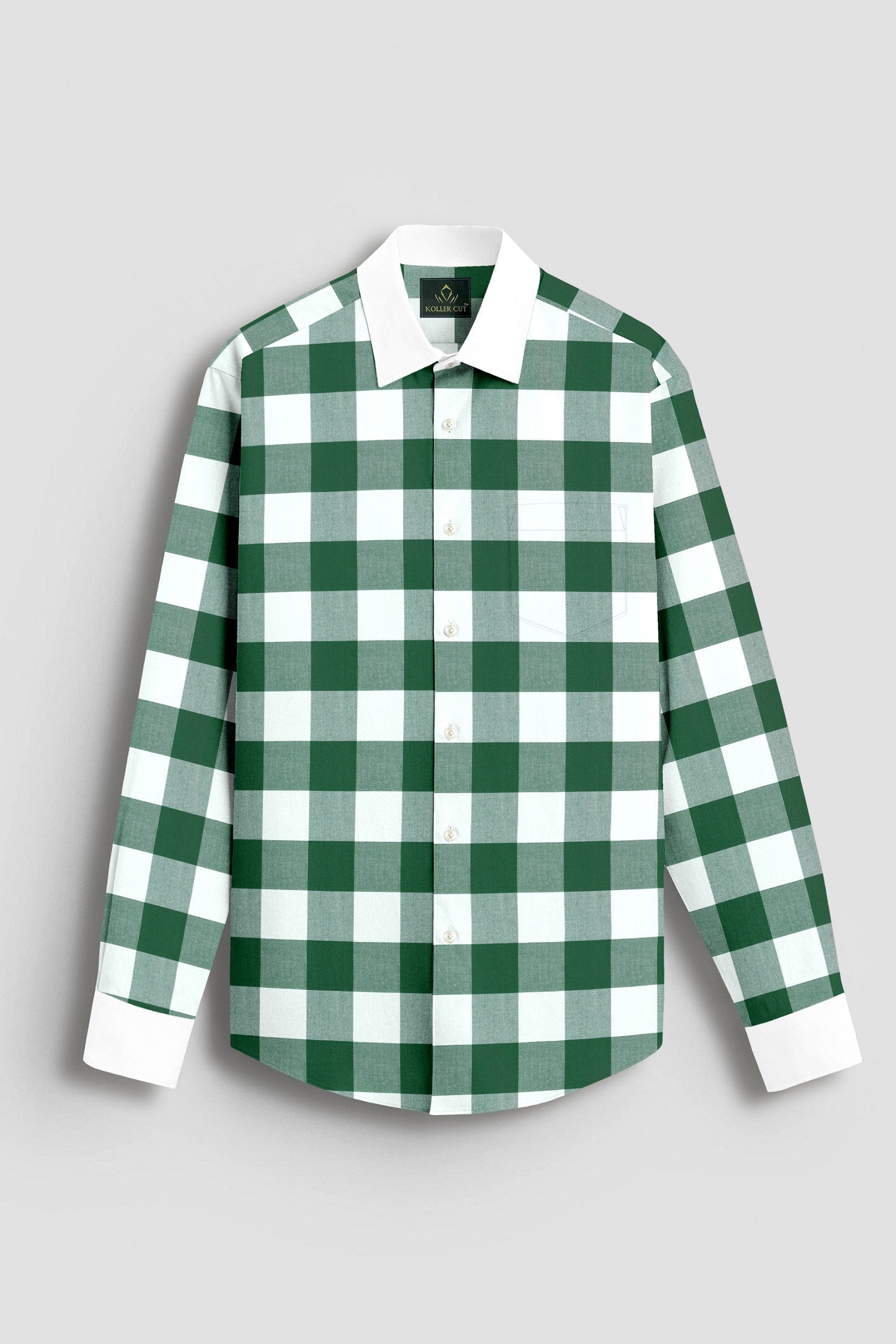 White and Emerald Green Buffalo Chekcs Oxford Designer Cotton Shirt