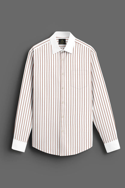 White and Copper Brown Stripes Designer Cotton Shirt