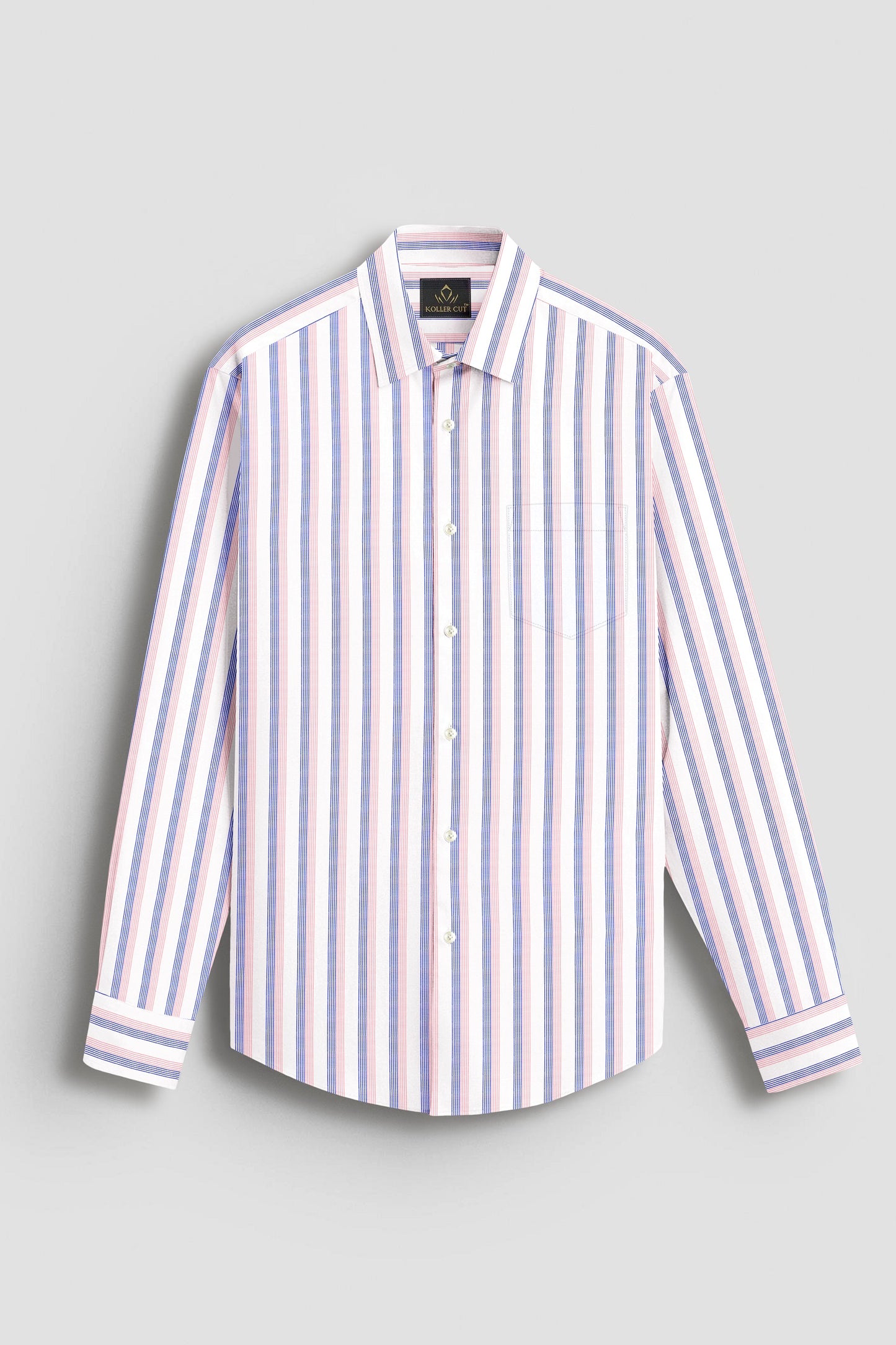 White with Coral Pink and Limoges Blue Pinstripes Cotton Shirt