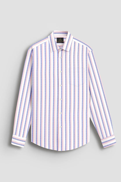 White with Coral Pink and Limoges Blue Pinstripes Cotton Shirt