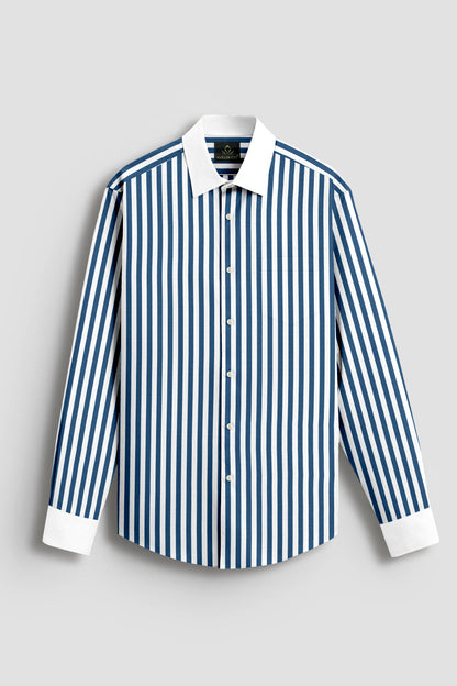 White and Victoria Blue Chalk Stripes Designer Cotton Shirt