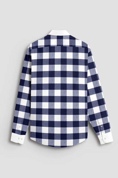 White and Ink Blue Buffalo Checks Designer Cotton Shirt