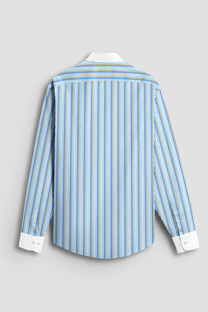 White with Cloisonne Blue and Basil Green Multicolored Multitrack Stripes Designer Cotton Shirt (Copy)