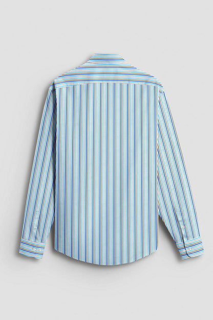 White with Cloisonne Blue and basil Green Multicolored Multitrack Stripes Cotton Shirt