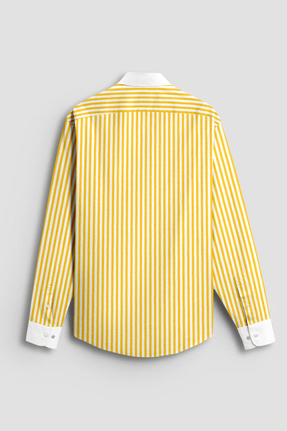 Lemon Yellow and White Candy Stripes Designer Cotton Shirt