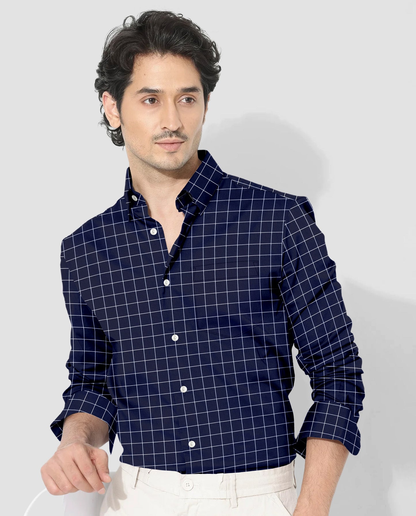 Sodalite Blue and Salt White Graph Checks Cotton Shirt