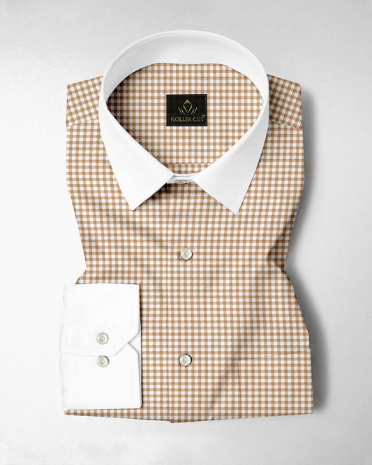 White and Frappe Brown Gingham Checks Designer Cotton Shirt