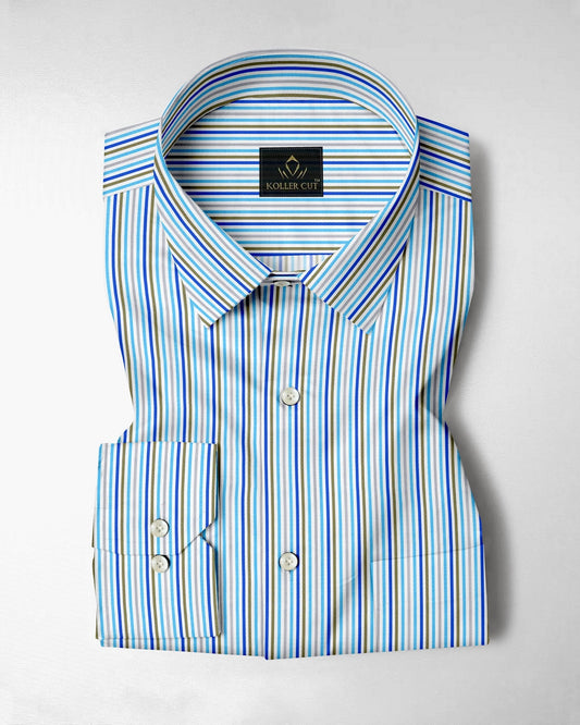 White with Cloisonne Blue and basil Green Multicolored Multitrack Stripes Cotton Shirt