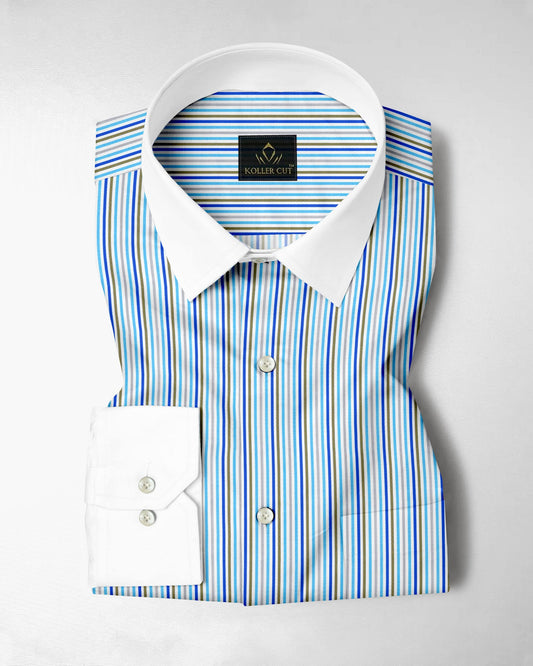 White with Cloisonne Blue and Basil Green Multicolored Multitrack Stripes Designer Cotton Shirt (Copy)
