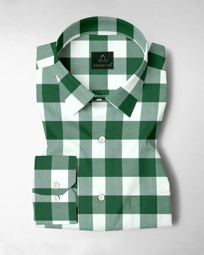 White and Emerald Green Buffalo Chekcs Oxford Cotton Shirt