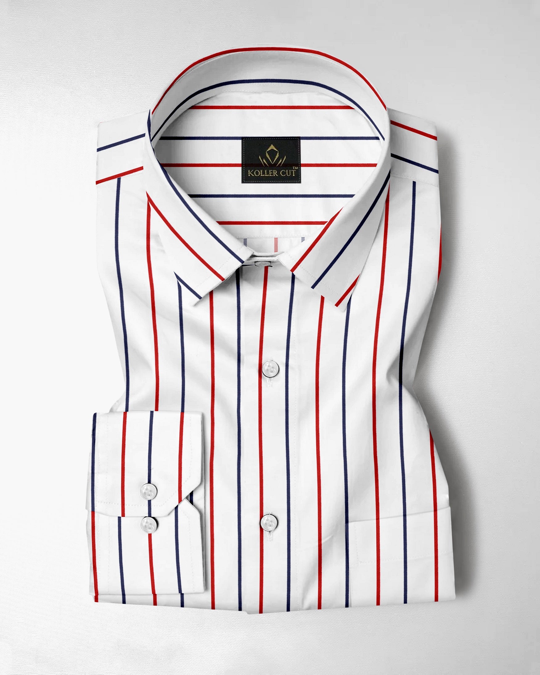 White with Scarlet Red and Navy Stripes Cotton Shirt