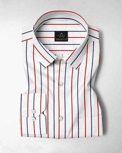White with Scarlet Red and Navy Stripes Cotton Shirt