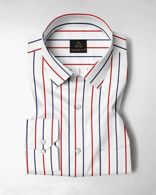 White with Scarlet Red and Navy Stripes Cotton Shirt