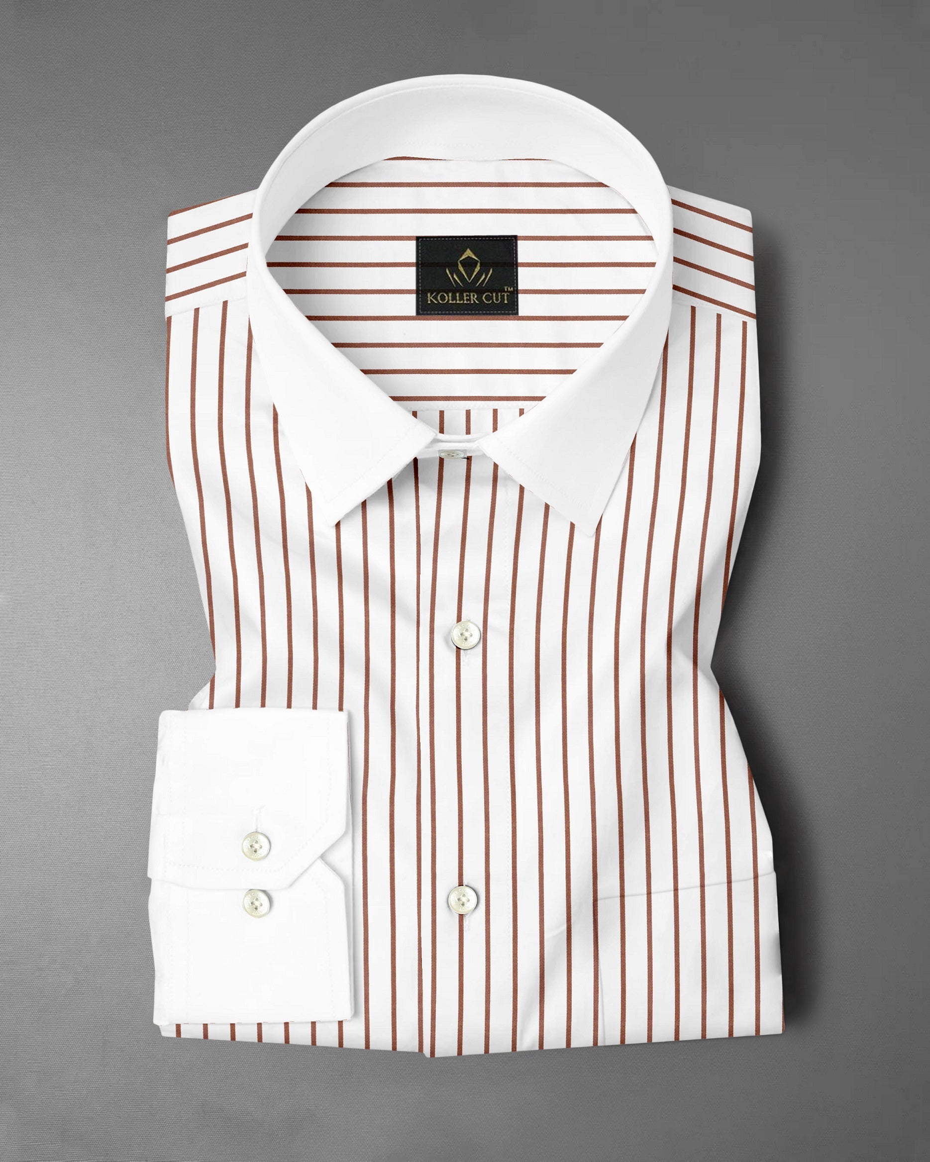White and Copper Brown Stripes Designer Cotton Shirt
