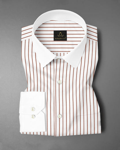 White and Copper Brown Stripes Designer Cotton Shirt