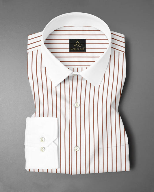 White and Copper Brown Stripes Designer Cotton Shirt