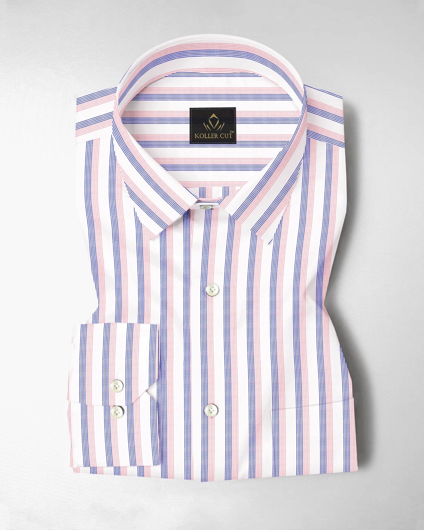 White with Coral Pink and Limoges Blue Pinstripes Cotton Shirt