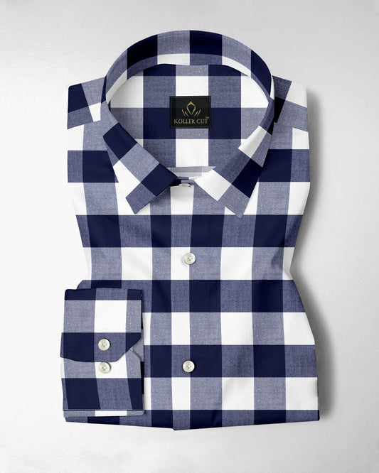 White and Ink Blue Buffalo Checks Cotton Shirt