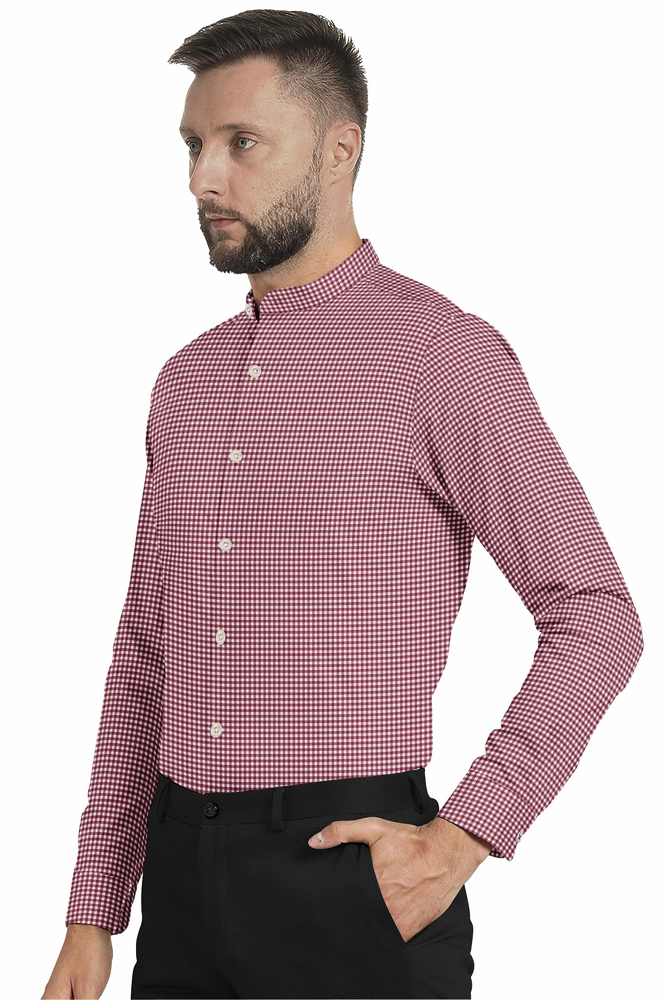 White and Maroon Gingham Checks Mandarin Collar Cotton Shirt