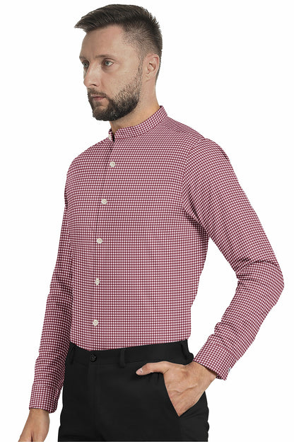 White and Maroon Gingham Checks Mandarin Collar Cotton Shirt