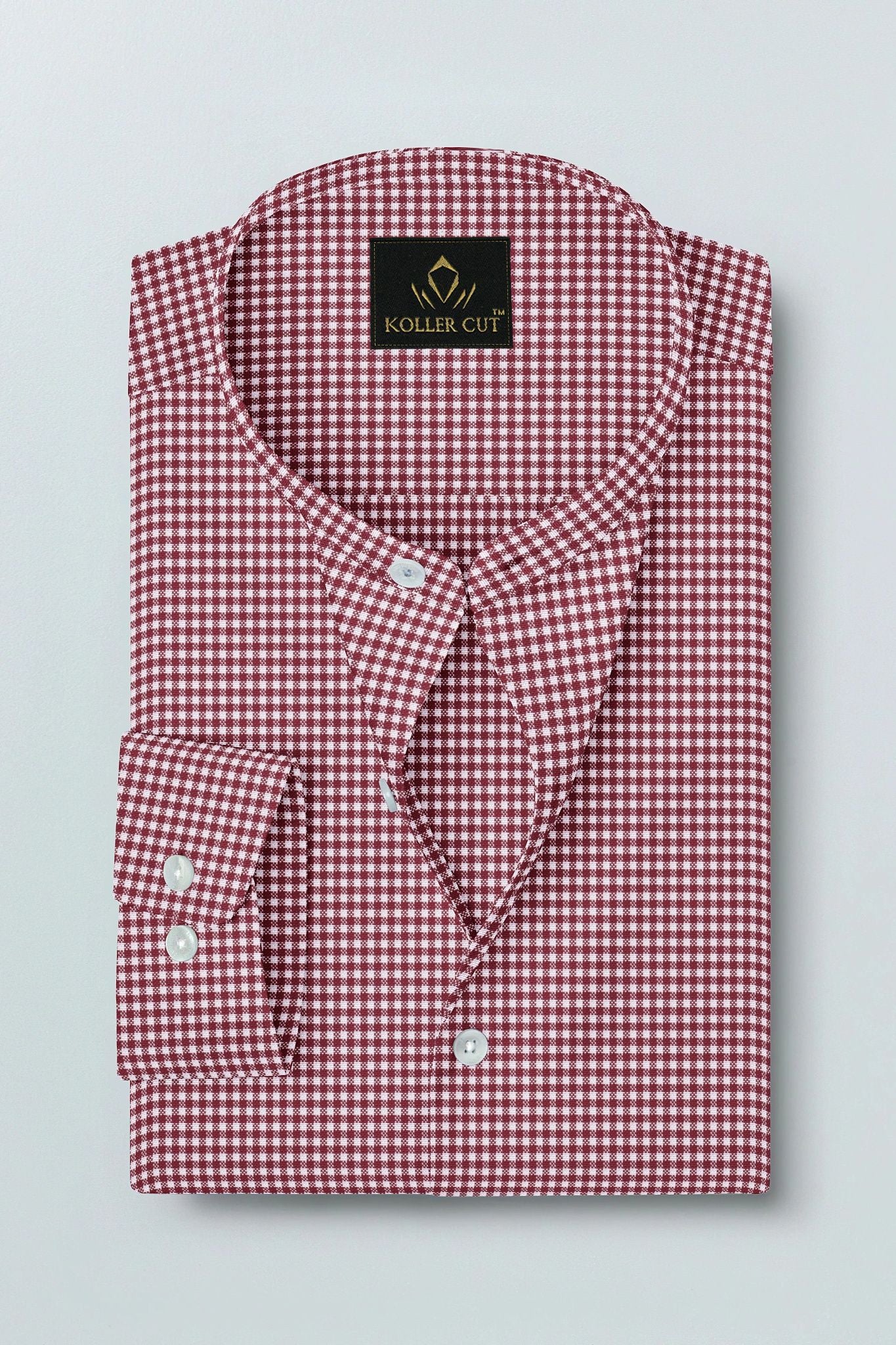 White and Maroon Gingham Checks Mandarin Collar Cotton Shirt