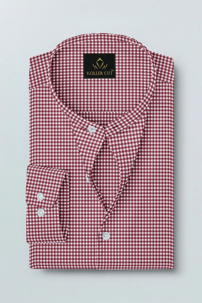 White and Maroon Gingham Checks Mandarin Collar Cotton Shirt