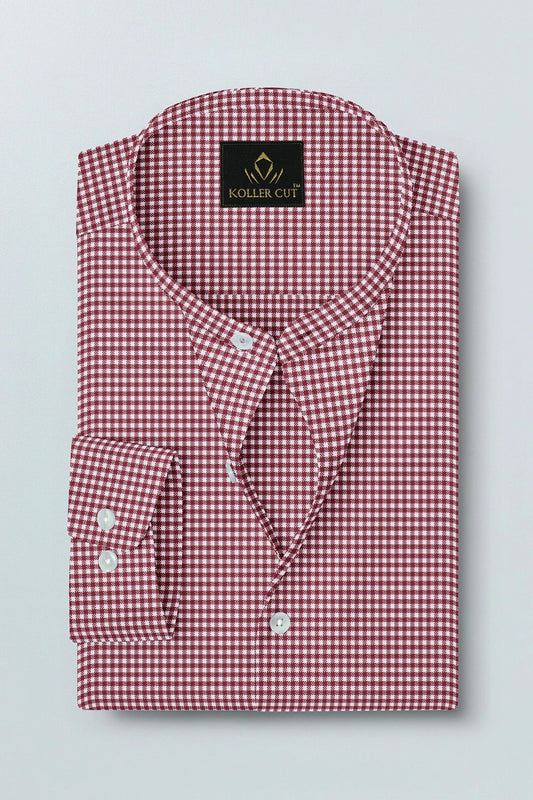 White and Maroon Gingham Checks Mandarin Collar Cotton Shirt