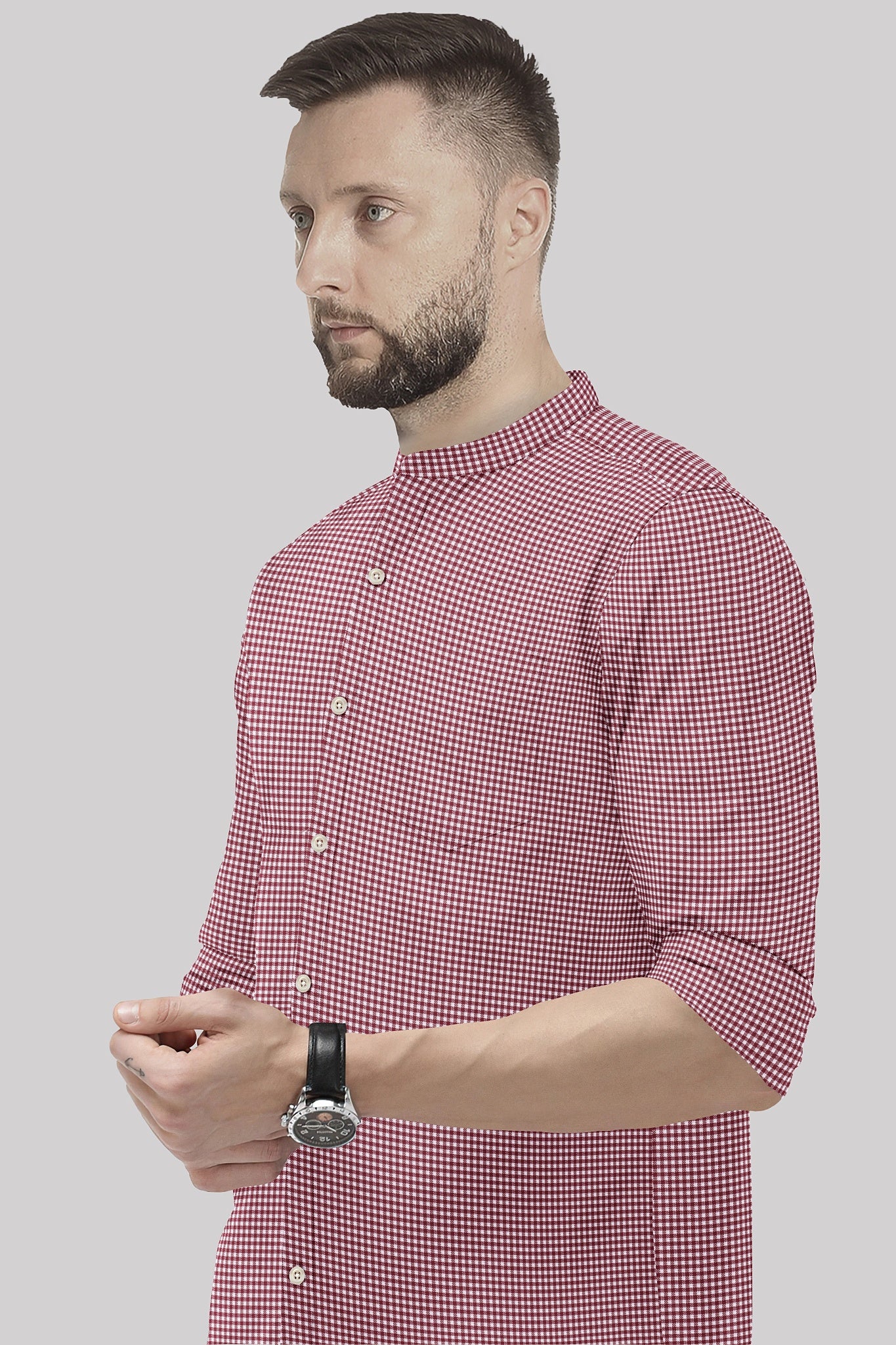 White and Maroon Gingham Checks Mandarin Collar Cotton Shirt
