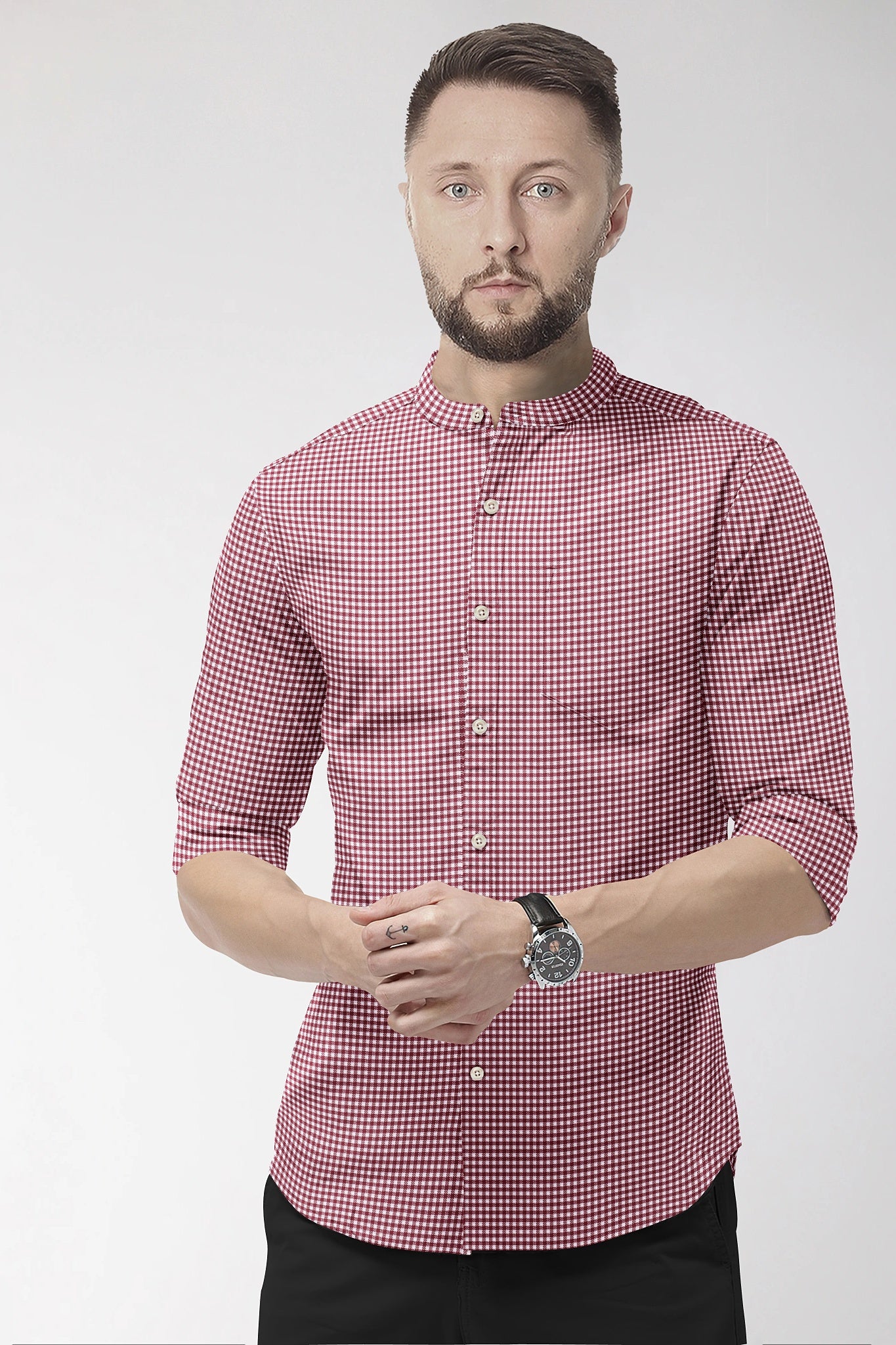White and Maroon Gingham Checks Mandarin Collar Cotton Shirt